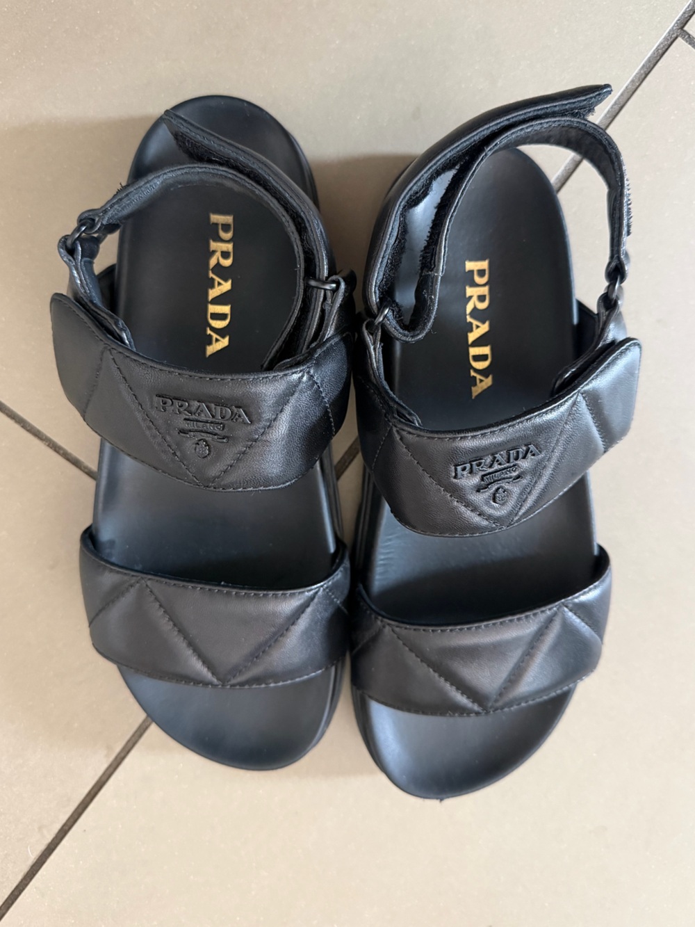 Prada Black Leather Quilted Slip-On Doube Strap Dad Sandals with Logo Detail